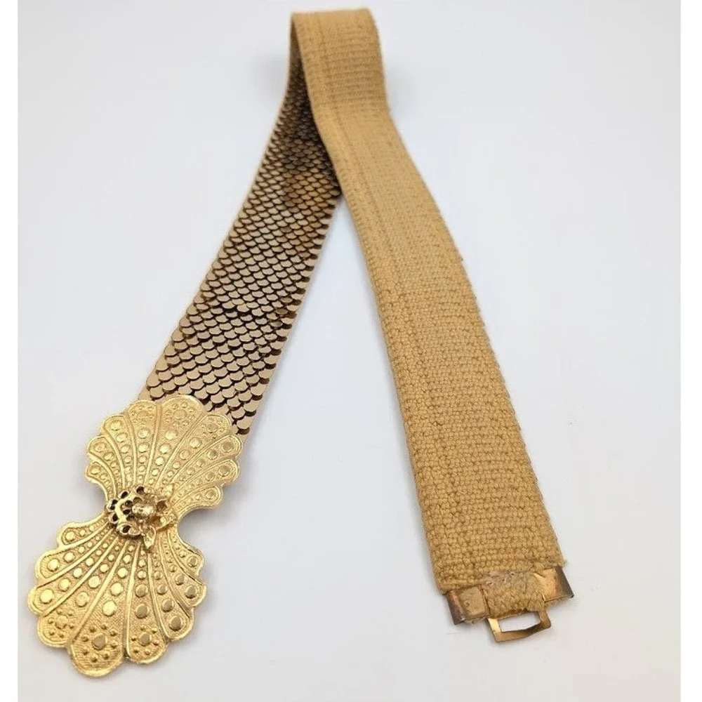 VTG Accessocraft Gold Tone Belt Fish Scale Sequins Metal‎ Ornate Buckle Etruscan